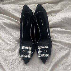 Nine West Black Heels with Crystal Buckle